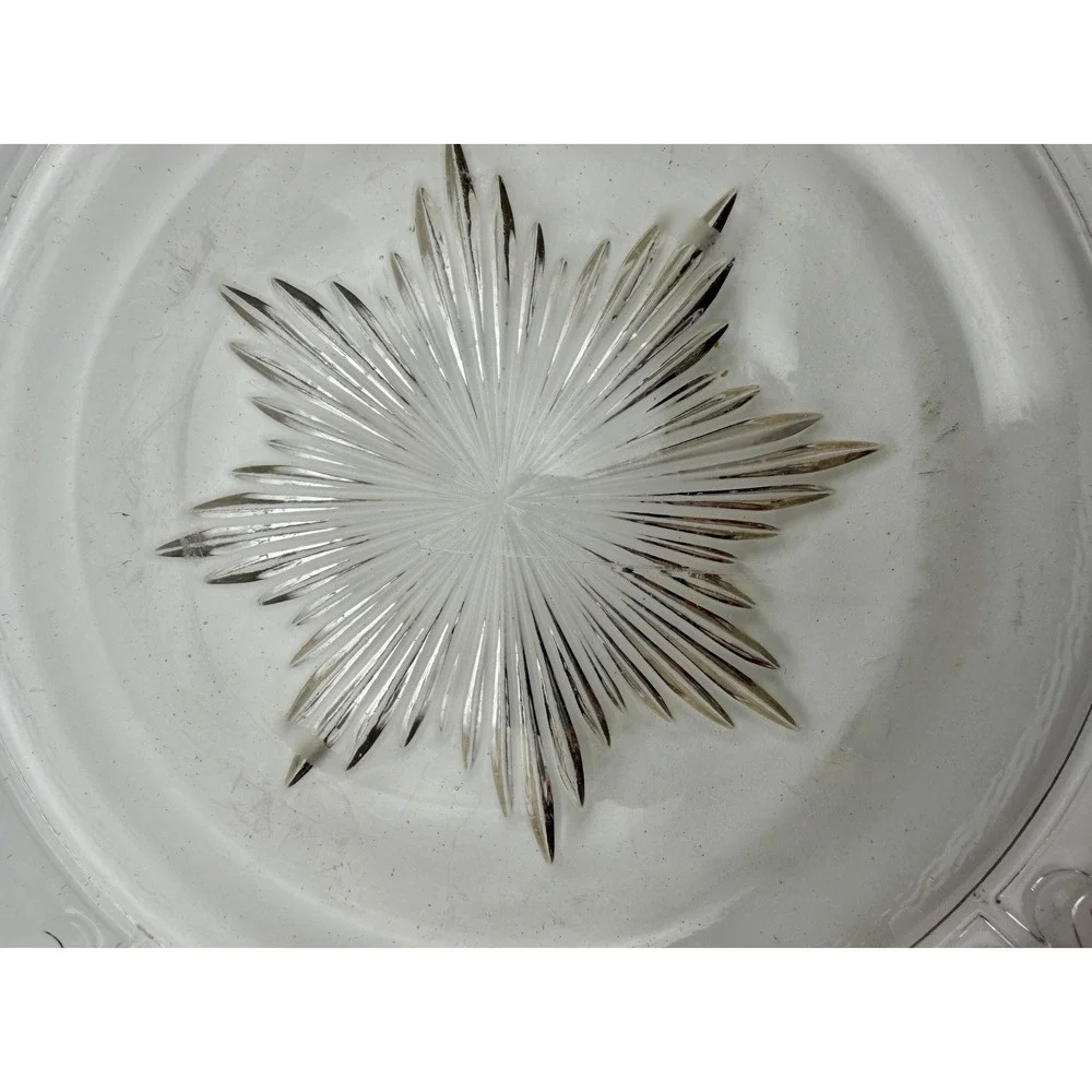 VTG Manganese Clear Pressed Glass Bowl Floral Vine Starburst Base UV Glow 9.5